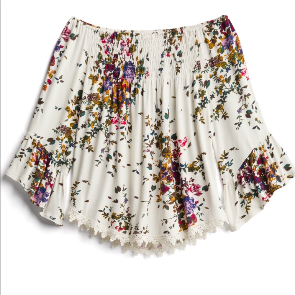 Crotchet detail smocked knit top off the shoulder